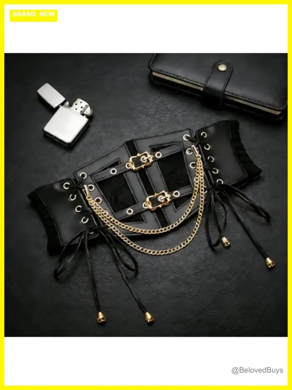 Black Elastic Underbust Corset Belt Women Vintage Wide Lace-up Leather Waspie